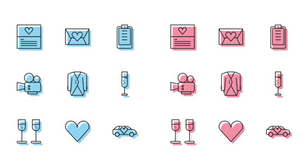 Set line Glass of champagne, Heart, Greeting card, Limousine, Suit, Cinema camera and Envelope with Valentine heart icon. Vector