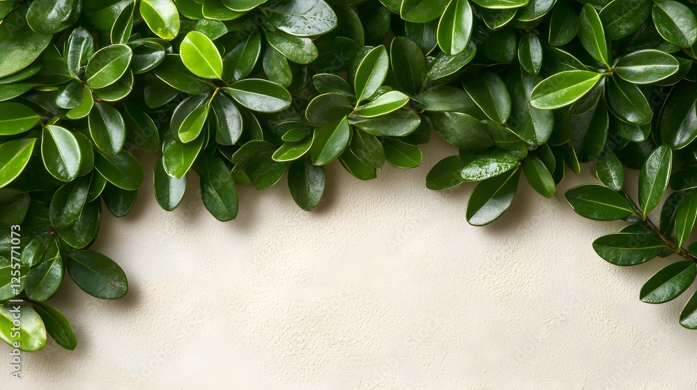 Poster green leaves arranged on a white surface creating a natural frame for a blank background
