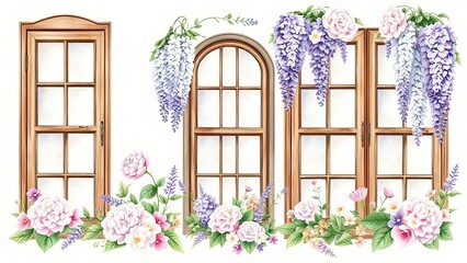 Spring Floral Windows Watercolor Wooden Frames Roses Wisteria Lavender Panes Home Decor