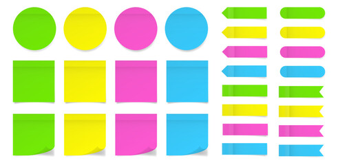 Set of square and round paper stickers. Stick in notes. Neon green, yellow, pink and blue colors. Multicolor post it notes. Sheets of paper. Tag, sticky note. Pointed bookmarks