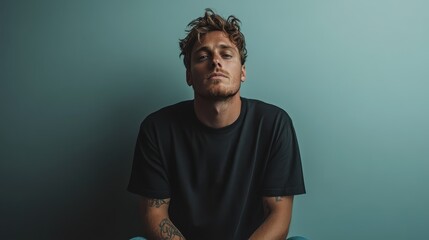 Obraz premium A young man exudes confidence while sitting against a blue wall, portraying a modern and stylish aesthetic with an emphasis on contemporary fashion choices.