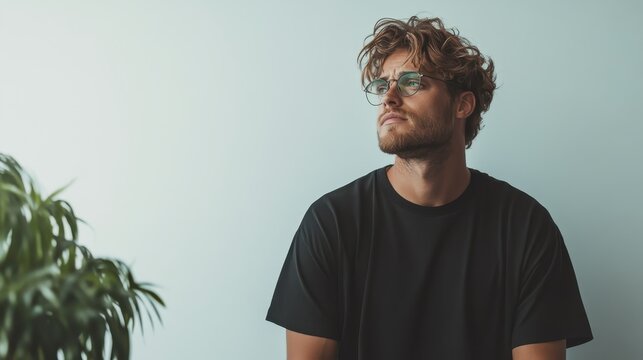 A contemplative young man with curly hair and glasses stares into the distance, creating an introspective atmosphere in a modern setting accentuated by soft colors.