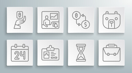 Set line Calendar, Trading courses, Identification badge, Old hourglass, Briefcase, Cryptocurrency exchange, Bear market and Hand holding Bitcoin icon. Vector