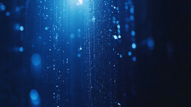 Binary code streaming across the screen, illuminated in a dark blue backdrop, symbolizing digital encryption and cryptocurrency