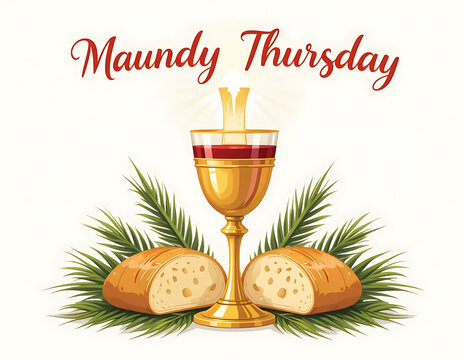 Maundy Thursday Eucharist Illustration with Chalice, Bread, and Palm Fronds - Powered by Adobe