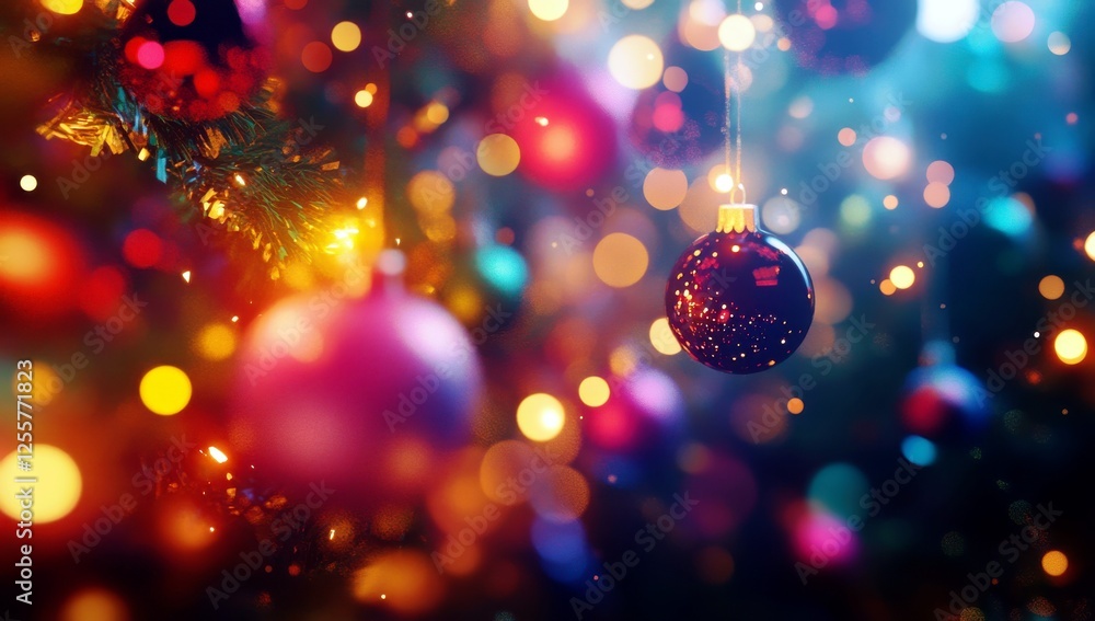 Poster glimmering christmas ornaments hanging on a tree with colorful bokeh lights creating a festive and m