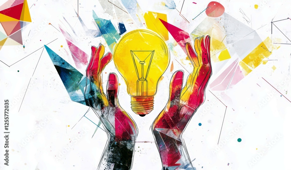 Poster radiant hands holding a light bulb with abstract colorful background symbolizing ideas and creativit