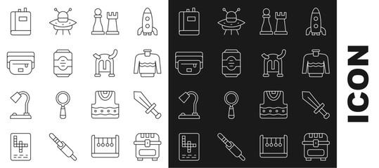 Set line Antique treasure chest, Sword for game, Sweater, Chess, Energy drink, Waist bag of banana, Book and Viking horned helmet icon. Vector