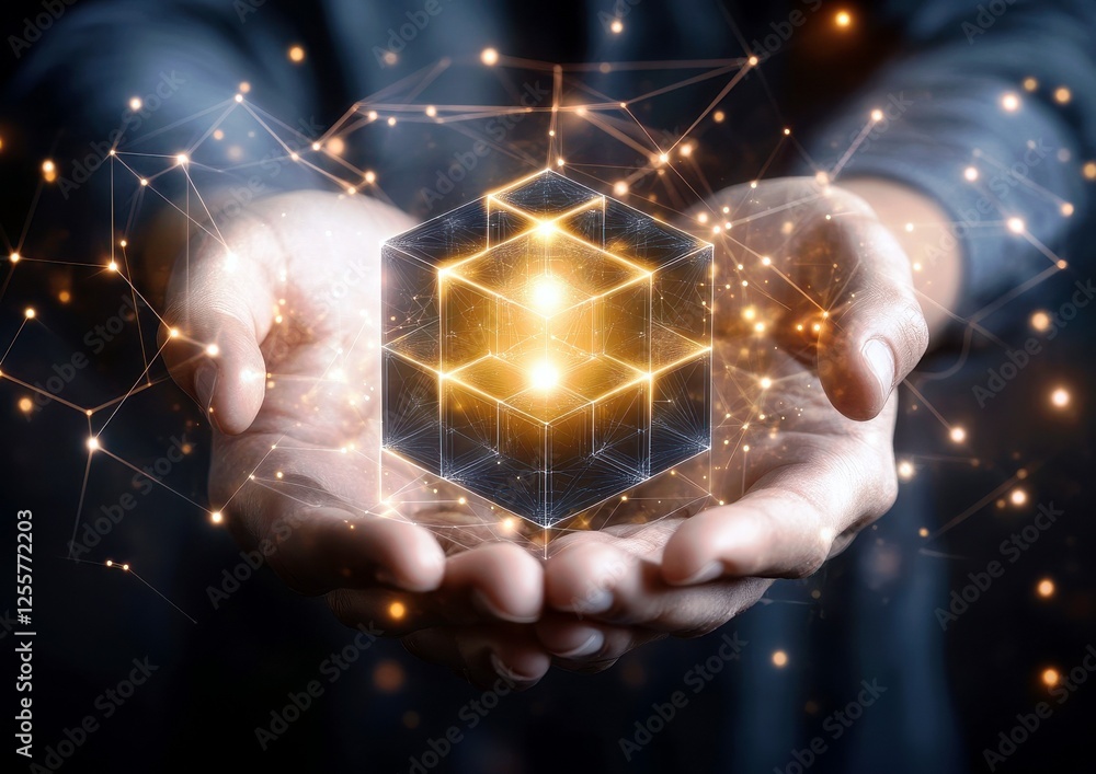 Poster hands holding a glowing 3d structure with light particles representing technology and innovation con