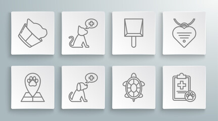 Fototapeta na wymiar Set line Map pointer with veterinary medicine hospital, Veterinary clinic symbol, Turtle, Clipboard medical clinical record pet, Dustpan, Collar name tag and heart and icon. Vector