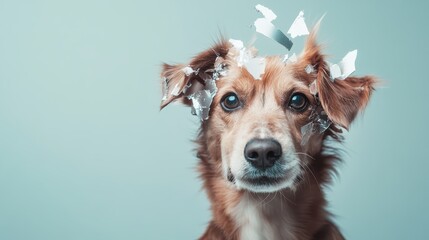 A curious dog with a worried expression has paper fragments scattered on its head, displaying an amusing and charming interaction between pets and their environments.