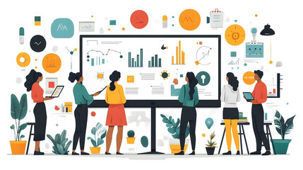 Fototapeta premium Team of innovators sharing creative concepts using virtual collaborative tools, flat vector style