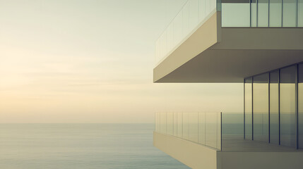 Fototapeta premium A coastal modern home with terraces overlooking the ocean framed by sleek glass panels and soft beige tones.