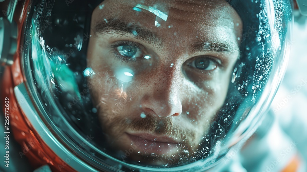 Poster an intense close-up of an astronaut's face visible through a water-splashed visor, showcasing determ
