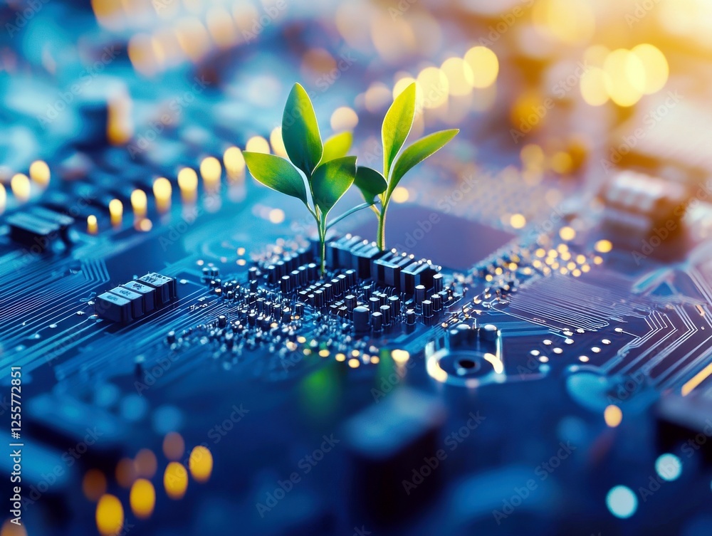 Poster green seedlings growing from a computer circuit board illustrating the intersection of technology an