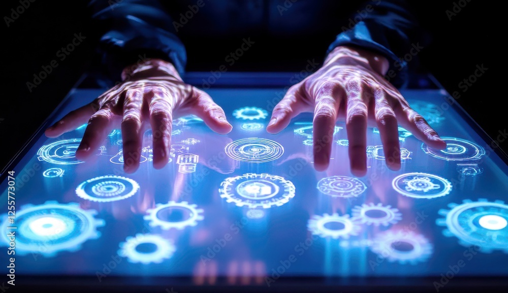 Poster hands interacting with transparent touchscreen interface surrounded by futuristic digital gear icons