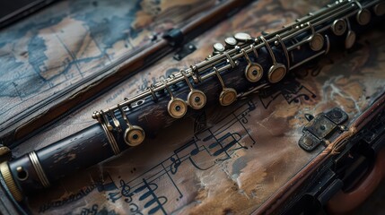Obraz premium A beautifully detailed antique oboe with wooden keys, resting on a leather music case.