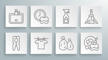 Fototapeta na wymiar Set line Clothes pin, Washing dishes, Drying clothes, Garbage bag, Cleaning spray bottle, Handle broom and Washbasin icon. Vector