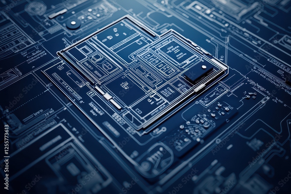 Poster a close-up view of a circuit board featuring intricate designs and a prominent microchip on a blue b