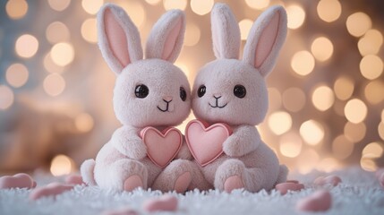 Obraz premium Plush bunny couple with hearts for romantic gift ideas or valentine's day decor