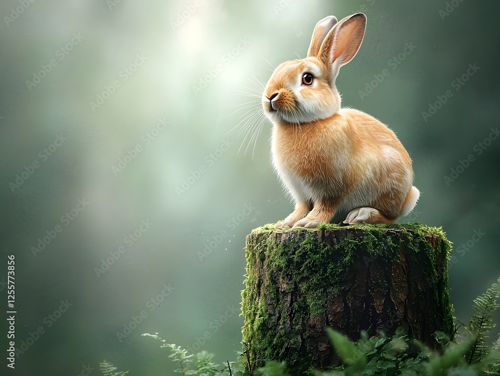 Poster elegant watercolor rendering of a regal rabbit perched atop a mossy tree stump refined and serene wi