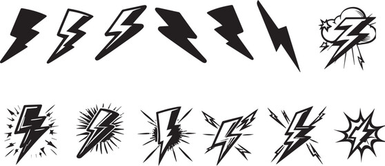 Set of comic icon lightning bolt elements in pop art style. Flash sign charge or voltage, thunder and lightning strike in cartoon style. Collection of shock lightnins flash vector illustration