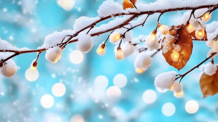 A snowy branch adorned with twinkling lights against a soft blue background, evoking a serene winter ambiance.