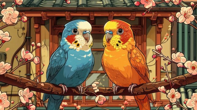Two colorful parakeets perched on a branch surrounded by cherry blossoms.