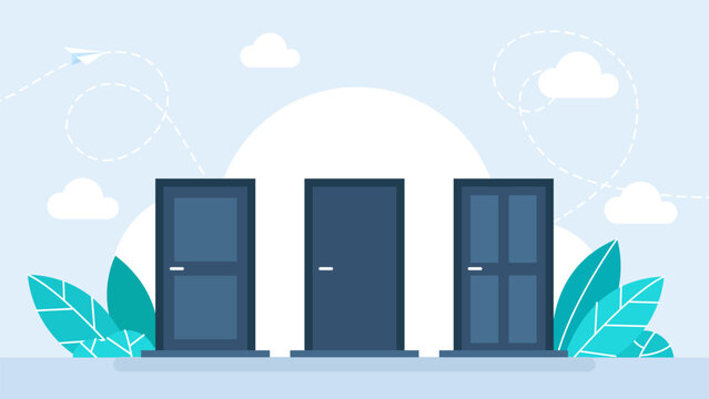 Three different doors. Choosing a path, options for solutions. Set of doors with chrome handles. Choice concept. Business concept. Vector illustration.