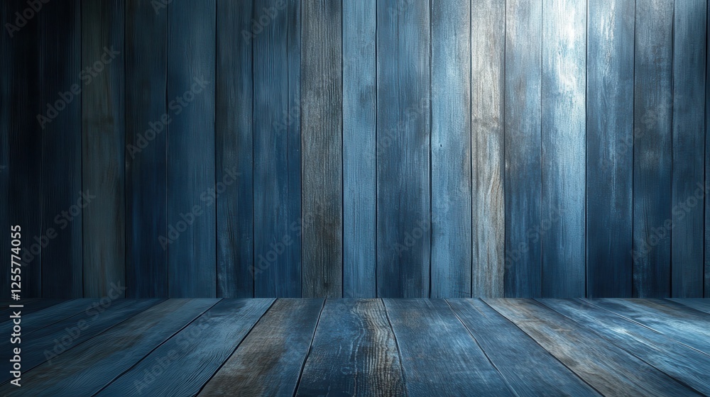 Poster featuring a serene ambiance, this image shows a blue textured wooden wall with vertical panels, idea