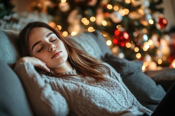 A woman lying down on a couch, surrounded by a decorated Christmas tree