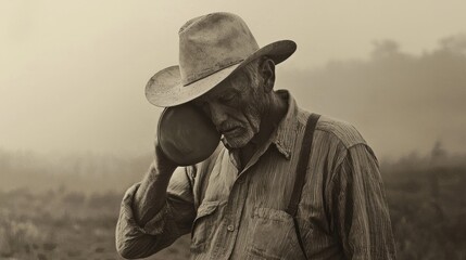 Fototapeta premium Rugged farmer tipping hat in golden field under warm sunlight, symbolizing rural life and hard work 