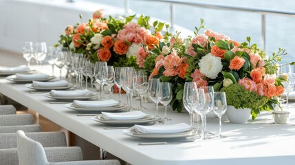 Elegant Outdoor Yacht Dining Table Setting With Peach And Coral Floral Arrangements