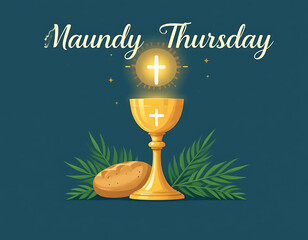 Maundy Thursday Illustration with Chalice, Bread, and Palm Leaves