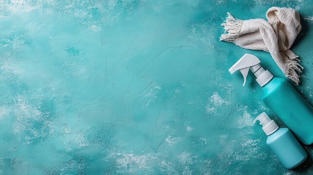 A visually striking image that features turquoise cleaning bottles accompanied by a soft cloth, highlighting the modern and colorful approach to home maintenance.