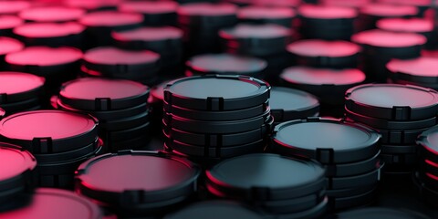 Cryptocurrency tokens secure concept. Stacks of black gaming chips illuminated with colorful lighting.