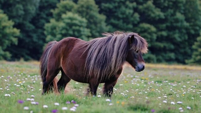 Slow Motion Shetland Pony Standing in Field | Static Shot Fixed Camera Movement | Front View of Adorable Small Horse | Gentle Breeze Moving Mane | Serene Rural Landscape | Peaceful and Pastoral