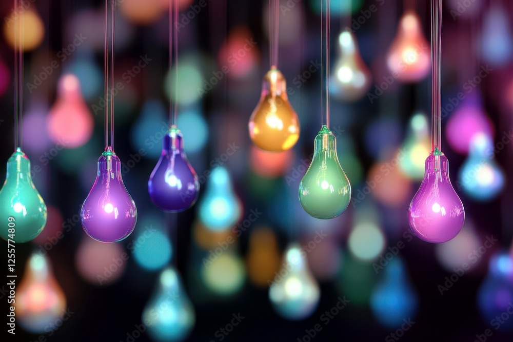 Poster colorful light bulbs hanging in a dark environment creating an ambience of brightness and warmth wit