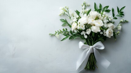 Obraz premium White Wedding Bouquet with Greenery on Textured Background