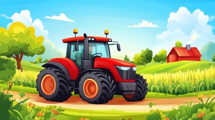 Obraz premium Red Tractor on Dirt Path Among Lush Green Fields Under Bright Blue Sky with Fluffy Clouds