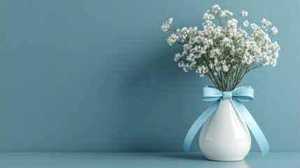 Fototapeta premium White Baby's Breath in a White Vase with Blue Ribbon Against a Teal Background