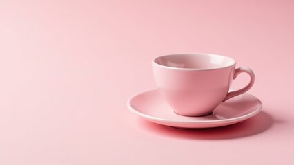 A delicate pink teacup and saucer rest on a matching pink background, creating a serene and minimalist scene.
