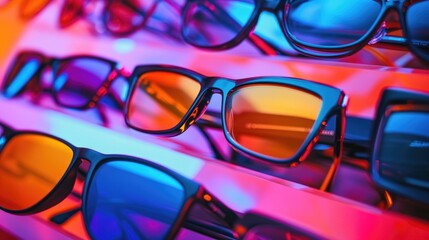 A colorful display of various glasses stacked on a shelf