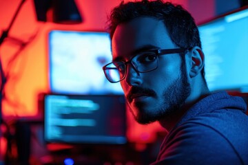 Focused programmer in dark workspace illuminated by glowing monitors, immersed in coding and technology
