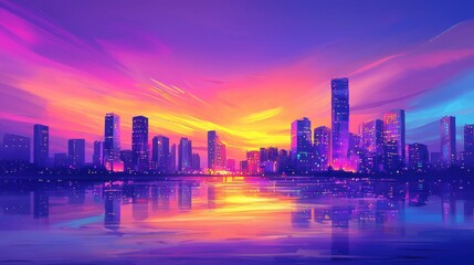 Vibrant city skyline at sunset with colorful reflections in water creating a serene atmosphere