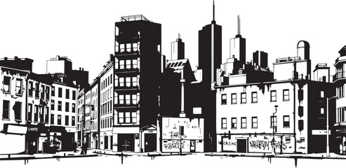 Fototapeta premium City landscape. Line urban backdrop. Different buildings on street, outline cityscape hand sketch, flat houses. Hand drawn vector illustration