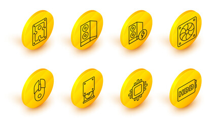 Set line Hard disk drive HDD, Processor with CPU, Optical disc, Computer mouse, cooler, Case of computer, and icon. Vector