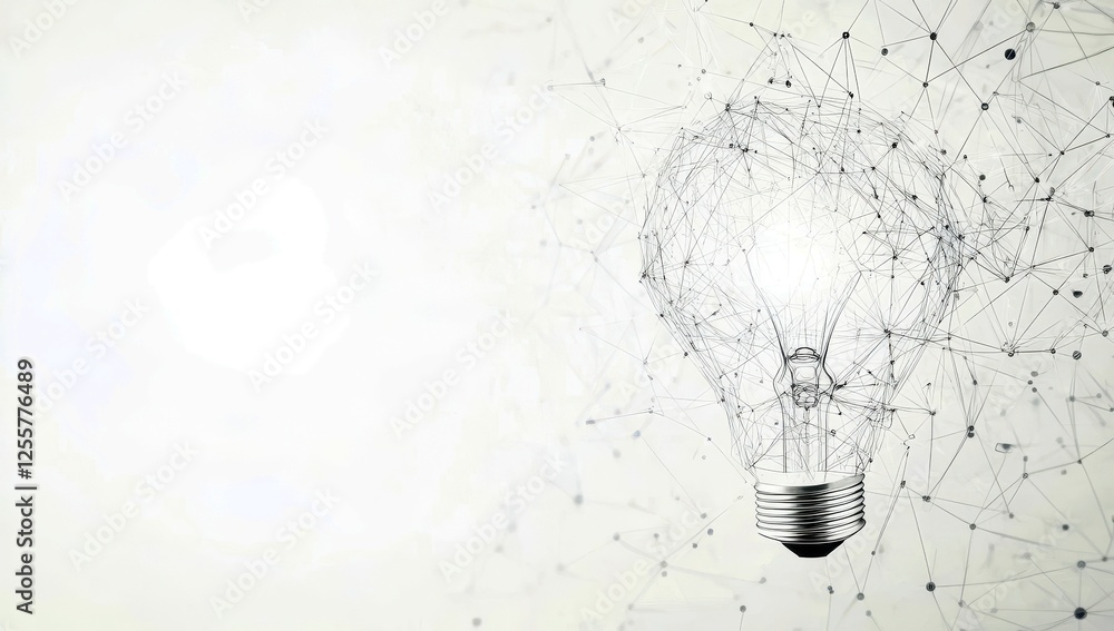 Poster abstract representation of a light bulb formed by a web of connecting lines and dots against a soft 