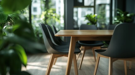 Fototapeta premium A stylish dining area featuring modern furniture and lush greenery, illuminated by natural light, creating an inviting atmosphere perfect for gatherings and relaxation.