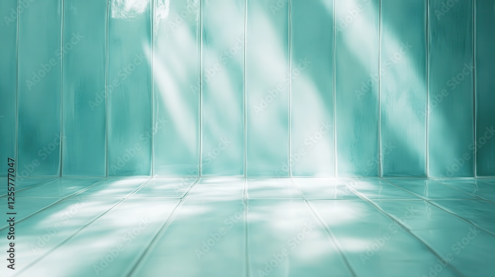 Poster this serene image features a polished teal tile backdrop, enhanced by soft natural lighting, creatin